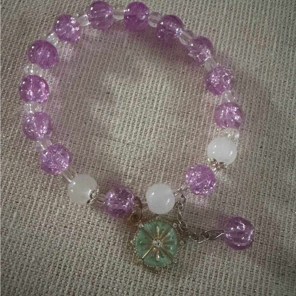 Handmade Purple Beaded Stretch Bracelet with Charm - Picture 2 of 4
